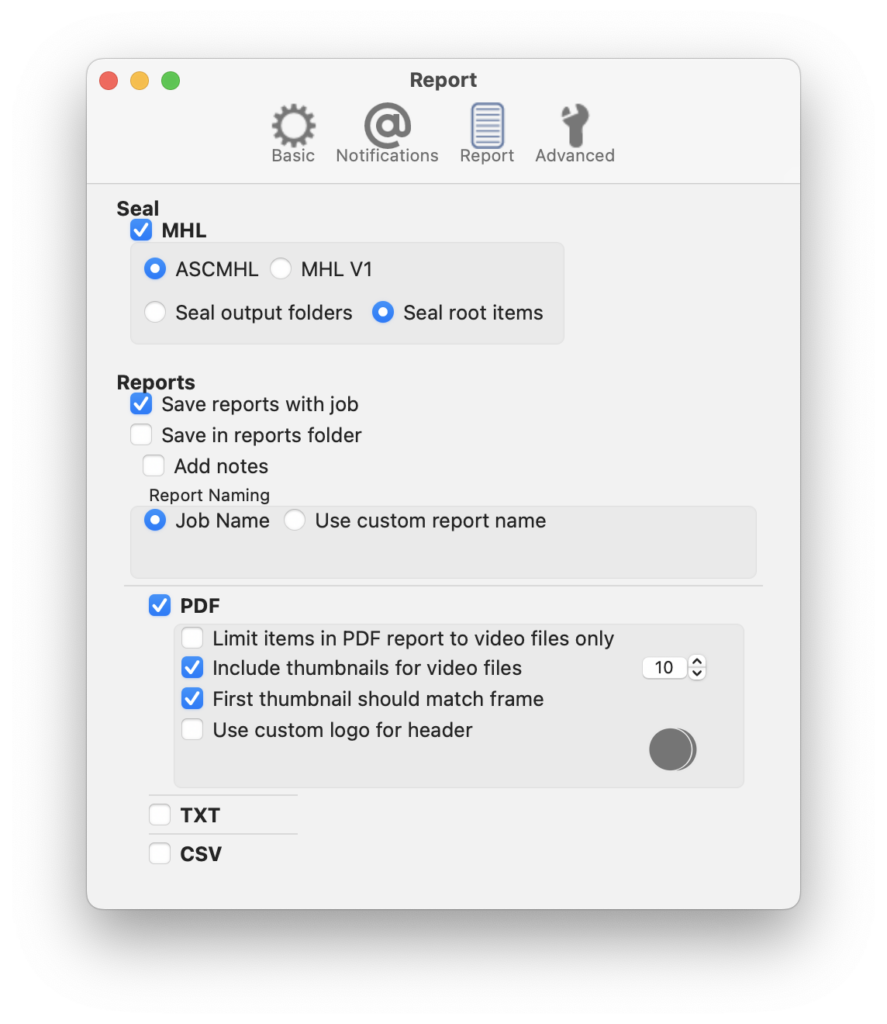 Report Options Panel in ShotPut Pro